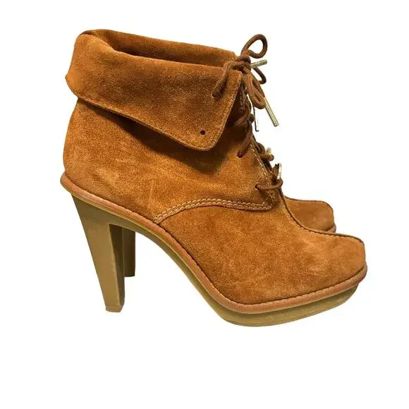 Michael Kors Womens Stiletto Heeled Tan Lace Up Suede Ankle Booties - Size 7M - Picture 1 of 12